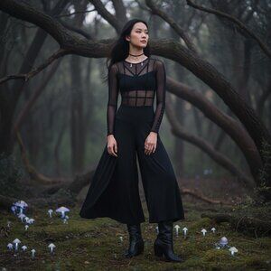 WEISSMAN Intentions Large Black Cage Strap Sheer Long Sleeve Leotard Bodysuit